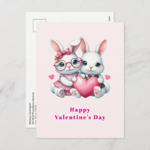 Cute Bunnies Sharing a Heart Valentine's Day Holiday Postcard