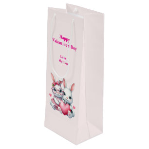 Cute Bunnies Sharing a Heart Valentine's Day Wine Gift Bag