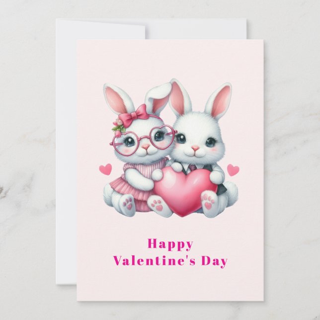 Cute Bunnies Sharing a Heart Valentine's Holiday Card (Front)