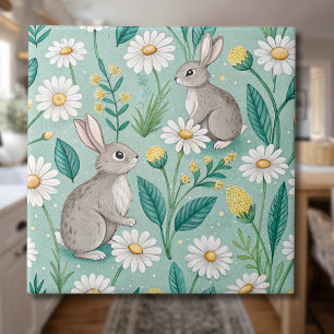 Cute Bunnies Sitting Among White Daisies Ceramic Tile