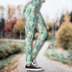 Cute Bunnies Sitting Among White Daisies Leggings