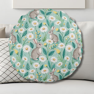 Cute Bunnies Sitting Among White Daisies Round Cushion