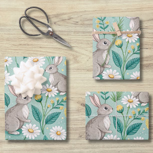 Cute Bunnies Sitting Among White Daisies Wrapping Paper Sheet