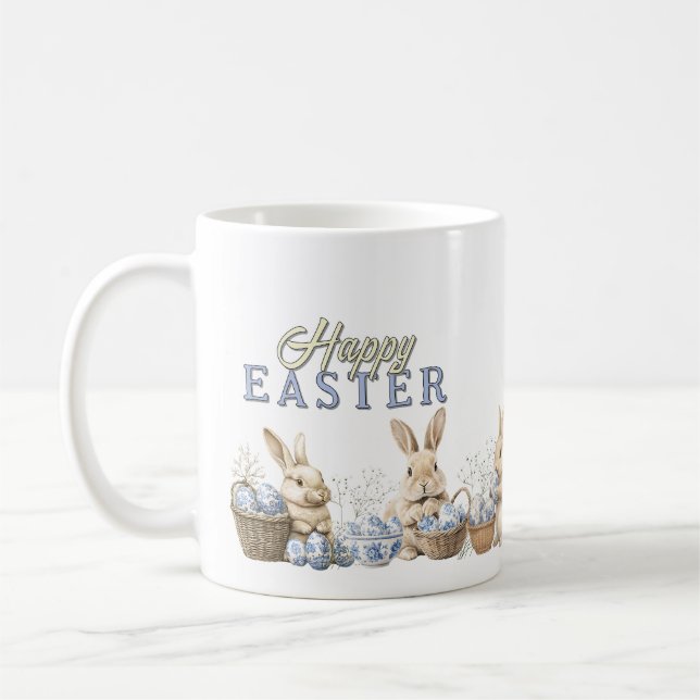 Cute Bunnies & Toile Blue Easter Eggs  Coffee Mug (Left)