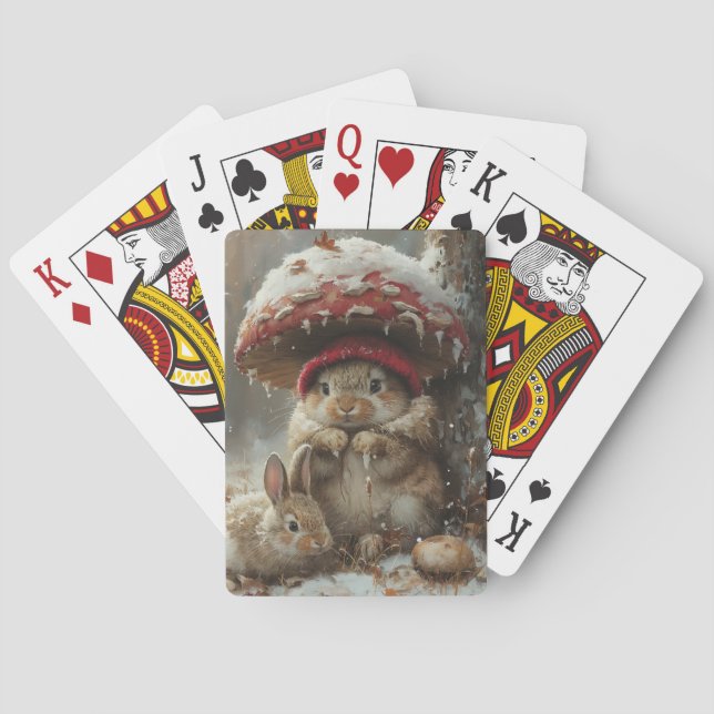 Cute Bunnies Under Mushroom Winter Playing Cards (Back)