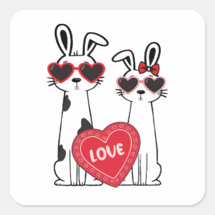 Cute Bunnies Wearing Heart Glasses Square Sticker