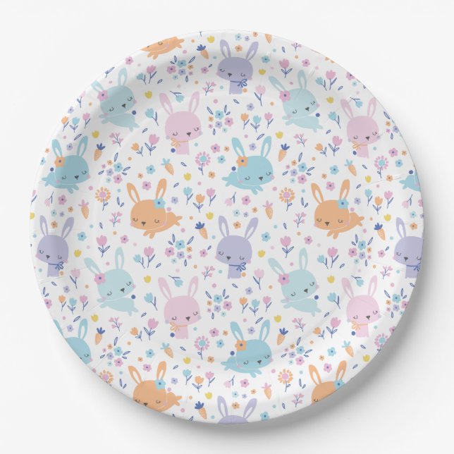 Cute bunnies with carrots and flowers pastel colou paper plate (Front)