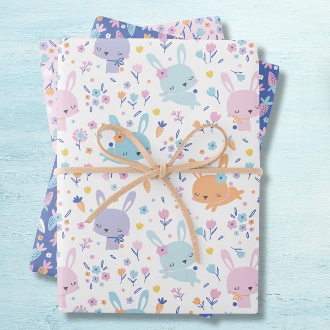 Cute bunnies with carrots and flowers pastel colou wrapping paper sheet (Creator Uploaded)
