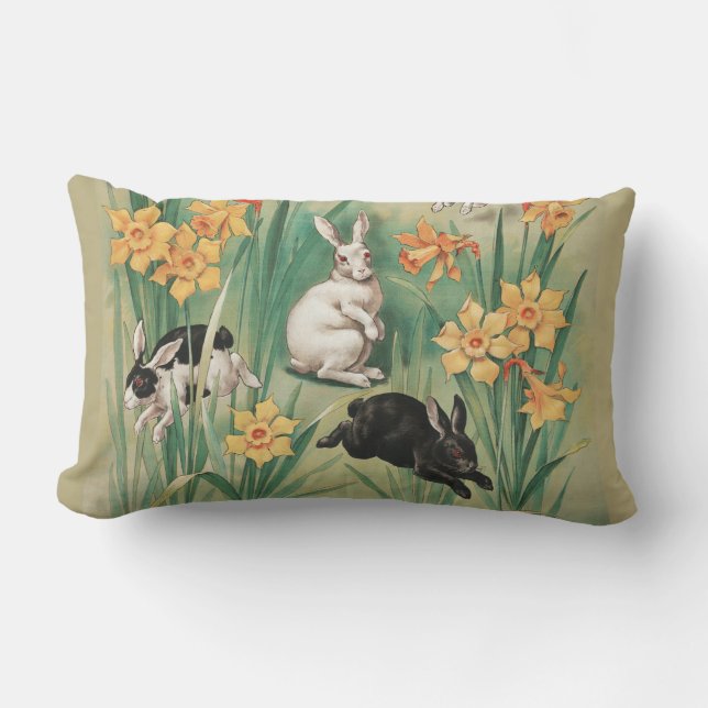 Cute Bunnies with Daffodil Flowers Antique Easter Lumbar Cushion (Front)