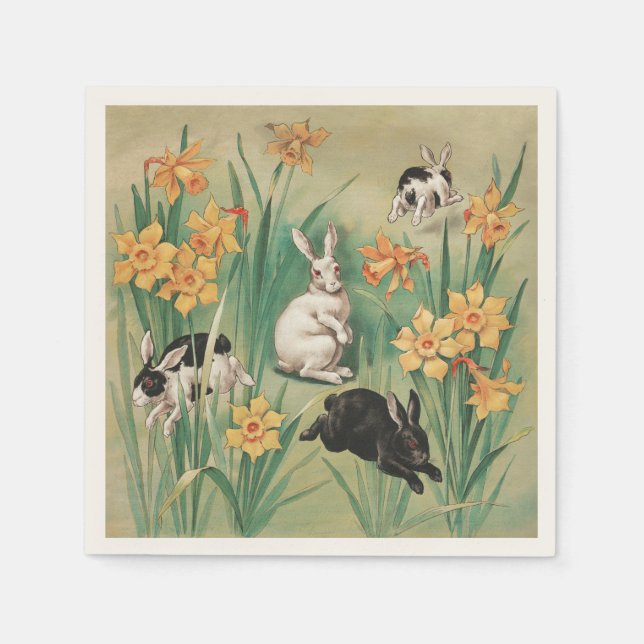 Cute Bunnies with Daffodil Flowers Antique Easter Napkin (Front)