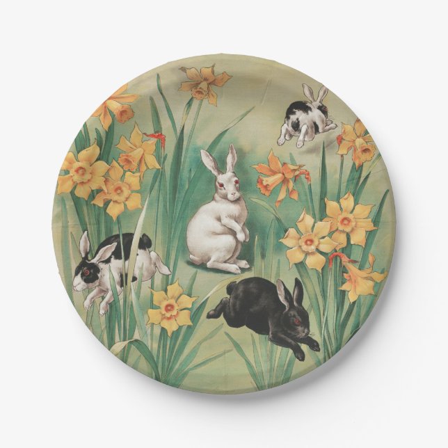 Cute Bunnies with Daffodil Flowers Antique Easter Paper Plate (Front)