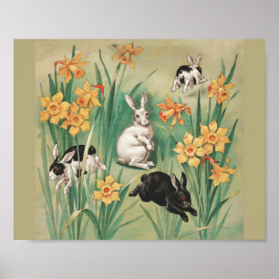 Cute Bunnies with Daffodil Flowers Antique Easter Poster