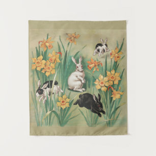 Cute Bunnies with Daffodil Flowers Antique Easter Tapestry