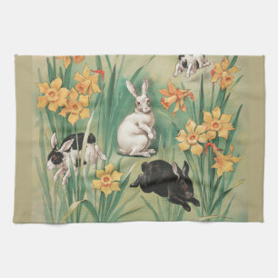 Cute Bunnies with Daffodil Flowers Antique Easter Tea Towel