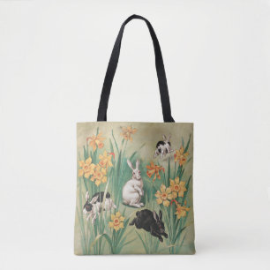 Cute Bunnies with Daffodil Flowers Antique Easter Tote Bag