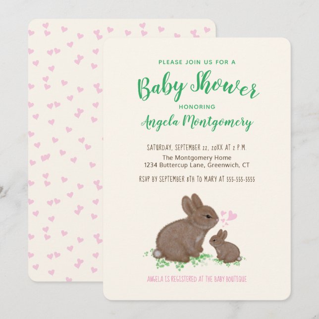 Cute Bunnies with Hearts Baby Shower Invitation (Front/Back)