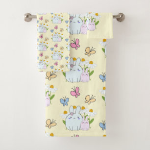 Cute Bunnies with Spring Daisies and Butterflies Bath Towel Set