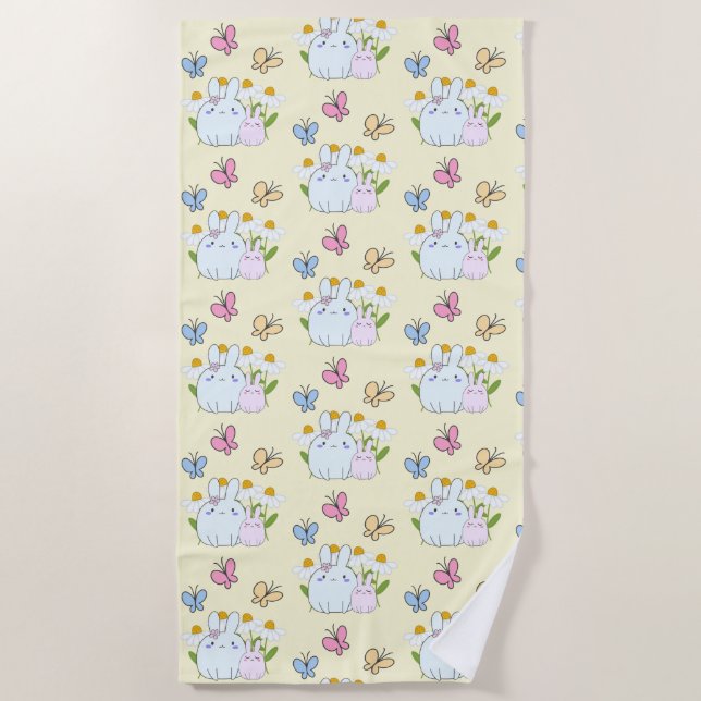 Cute Bunnies with Spring Daisies and Butterflies Beach Towel (Front)