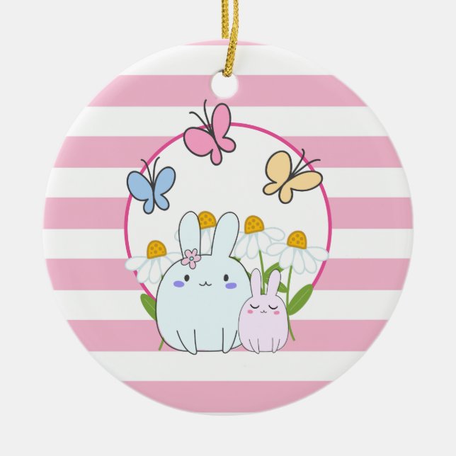 Cute Bunnies with Spring Daisies and Butterflies Ceramic Ornament (Front)