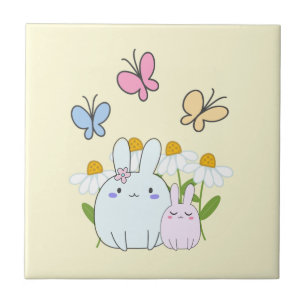 Cute Bunnies with Spring Daisies and Butterflies Ceramic Tile