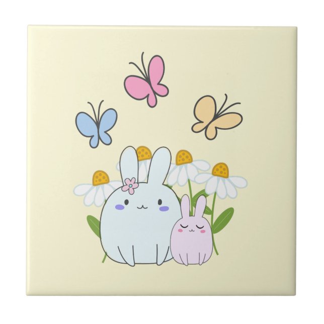 Cute Bunnies with Spring Daisies and Butterflies Ceramic Tile (Front)