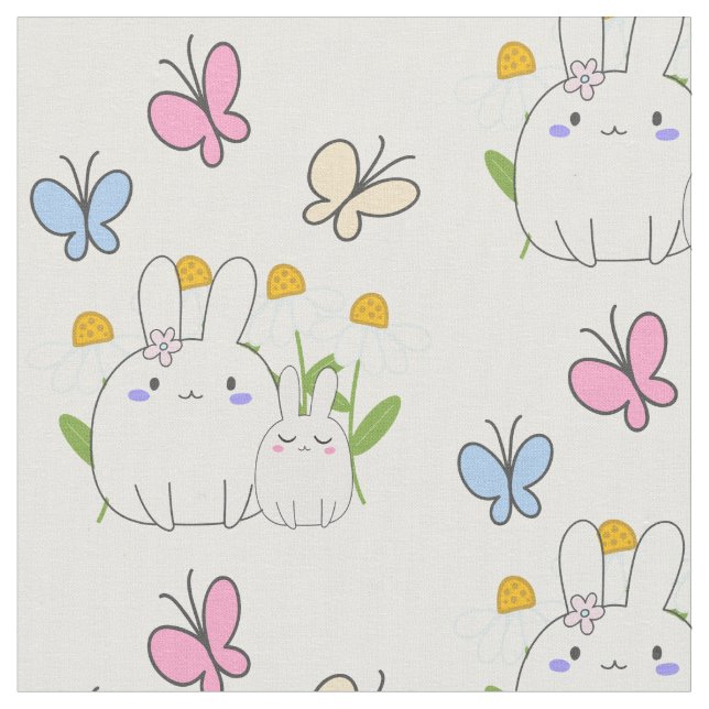 Cute Bunnies with Spring Daisies and Butterflies Fabric (Close Up)