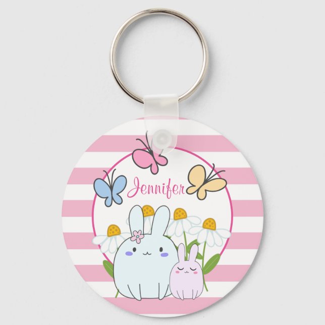 Cute Bunnies with Spring Daisies and Butterflies Key Ring (Front)