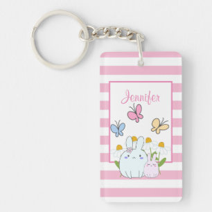 Cute Bunnies with Spring Daisies and Butterflies Key Ring