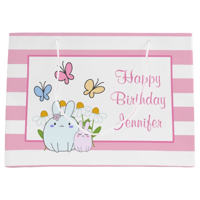 Cute Bunnies with Spring Daisies and Butterflies Large Gift Bag (Front)