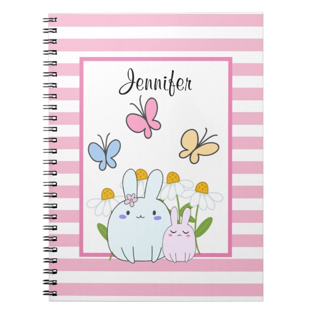 Cute Bunnies with Spring Daisies and Butterflies Notebook (Front)
