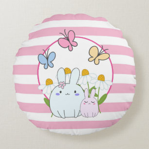 Cute Bunnies with Spring Daisies and Butterflies Round Cushion