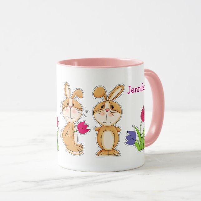 Cute Bunnies with Tulips Easter Custom Gift  Mug (Front Right)