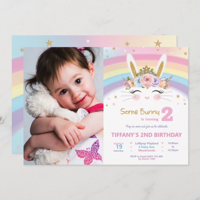 Cute Bunny 1st Birthday Girls Rainbow Rabbit Photo Invitation (Front/Back)