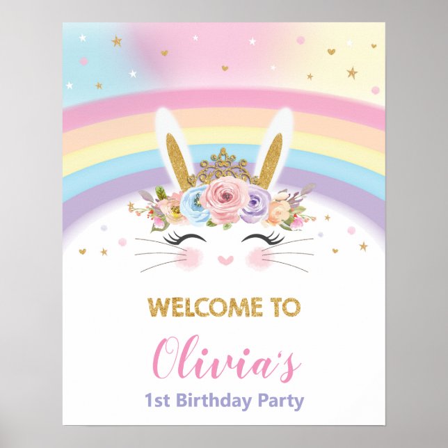 Cute Bunny 1st Birthday Rainbow Welcome Sign Decor (Front)