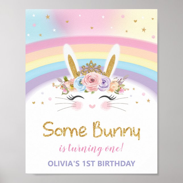 Cute Bunny 1st Birthday Rainbow Welcome Sign Decor (Front)