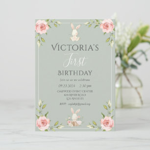 Cute Bunny 1st First Sage Birthday Party Invitation