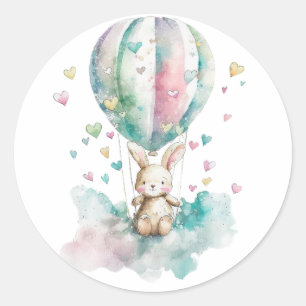 Cute bunny and balloon, watercolor, hearts classic round sticker