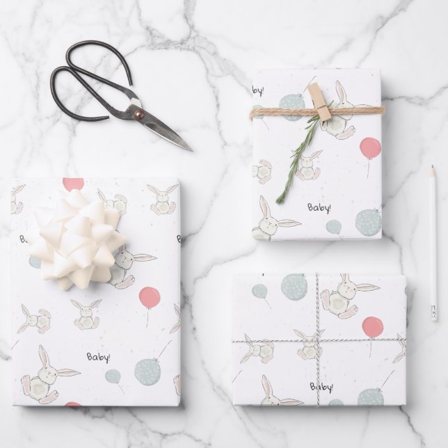 Cute Bunny and Balloons Baby Wrapping Paper Sheet (Front)
