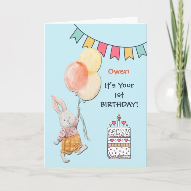 Cute Bunny and Balloons First Birthday Holiday Card (Front)