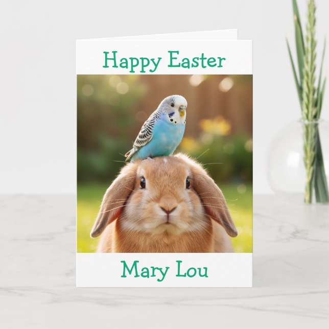 Cute Bunny and Blue Budge Personalized Easter Card (Front)