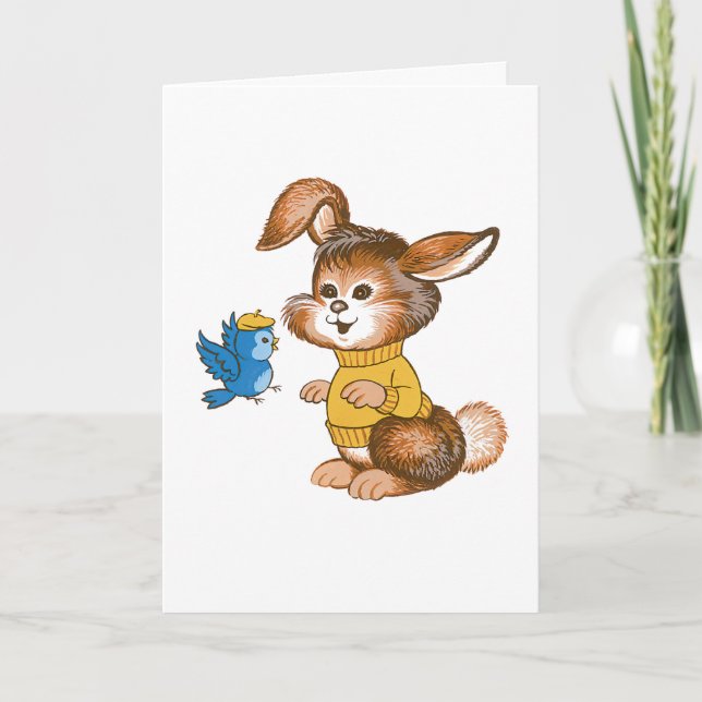 Cute Bunny and Bluebird Kids Birthday Card (Front)
