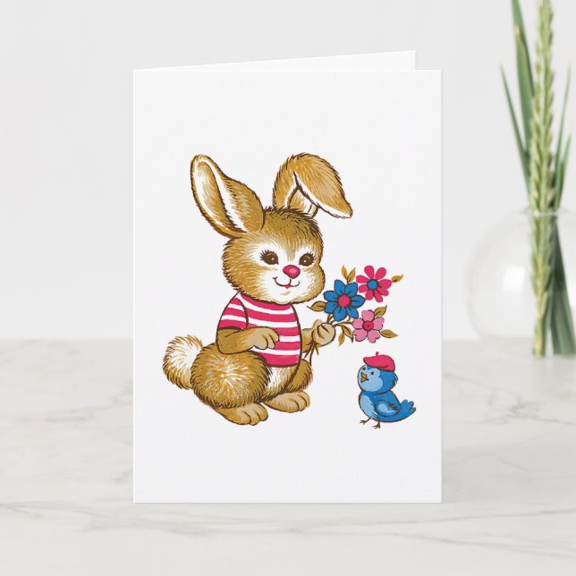 Cute Bunny and Bluebird Kids Birthday Card (Front)