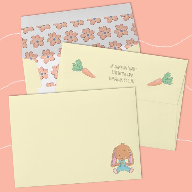Cute Bunny and Carrots Yellow Envelope (Cute yellow envelope with a whimsical bunny , some carrots and little orange flowers .)