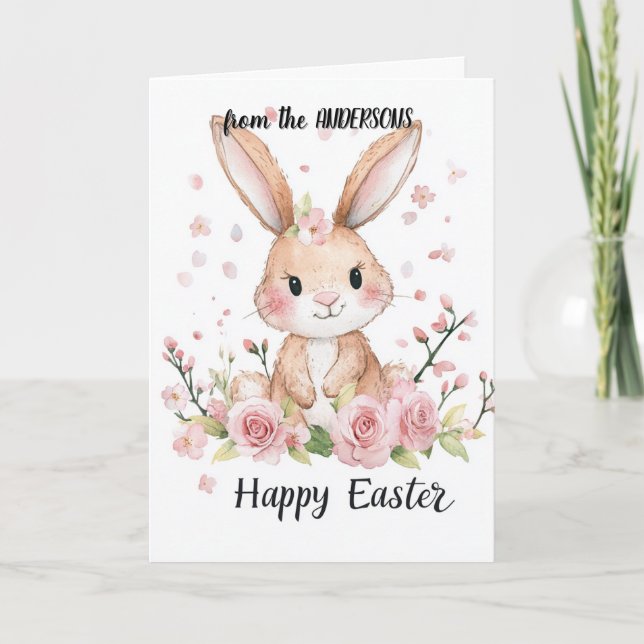 Cute bunny and cherry flowers  holiday card (Front)