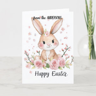Cute bunny and cherry flowers  holiday card