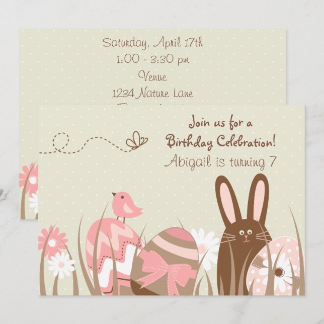 Cute Bunny and Easter Eggs Birthday Invite ~ Girls (Front/Back)