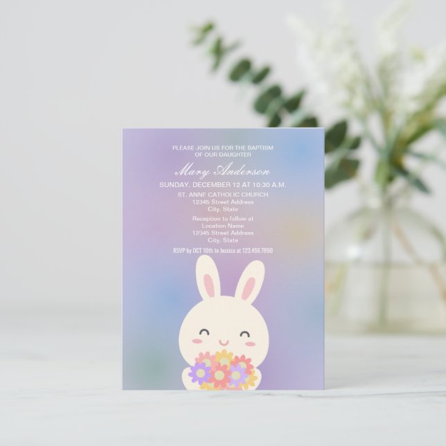 Cute Bunny and Flowers Baby Christening Baptism Invitation (Standing Front)