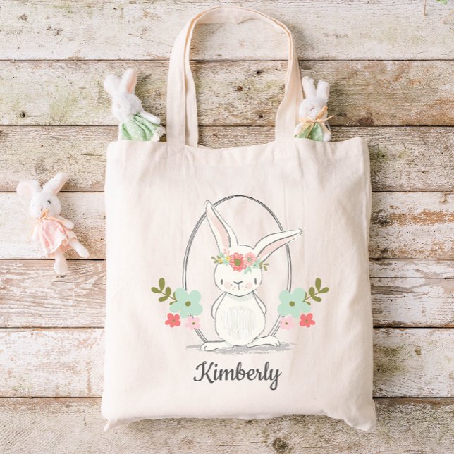 Cute Bunny and Flowers Personalised Easter Tote Bag (Creator Uploaded)