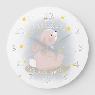 Cute Bunny and gold stars. Large Clock