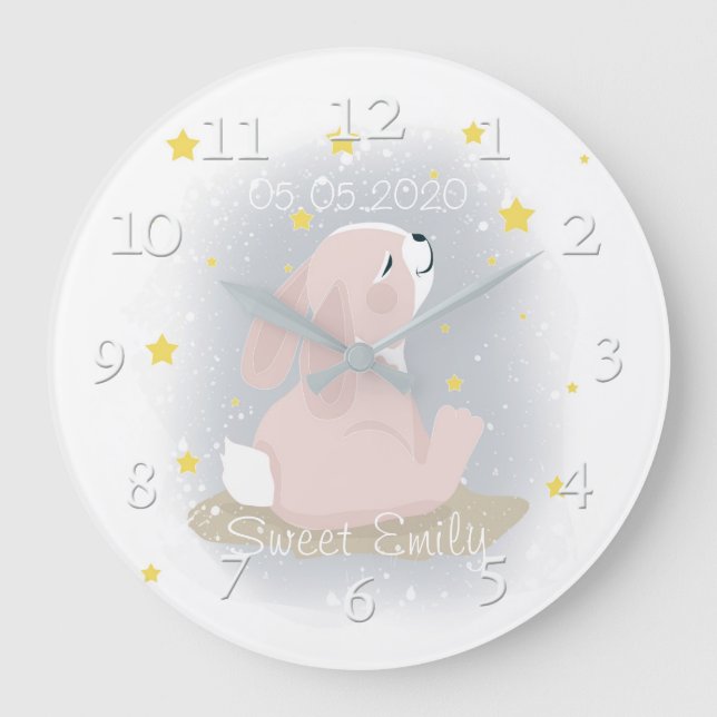 Cute Bunny and gold stars. Large Clock (Front)